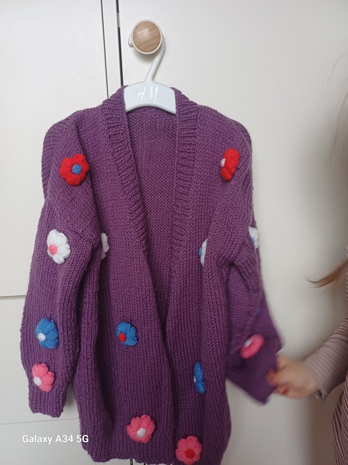 Renkli Nakışlı Mor Örgü Kız Hırka - Görsel 2