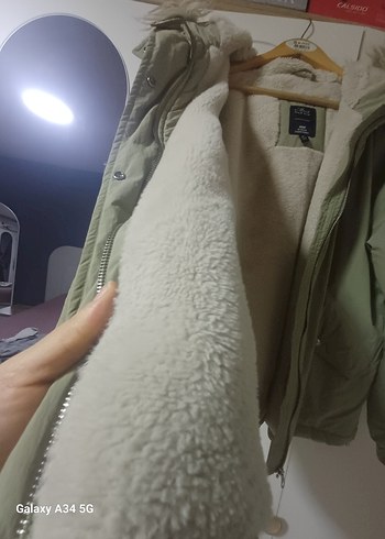 su yeşili Kürklü Uzun Kollu Kadın Ceket - Görsel 5