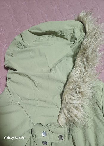 su yeşili Kürklü Uzun Kollu Kadın Ceket - Görsel 8