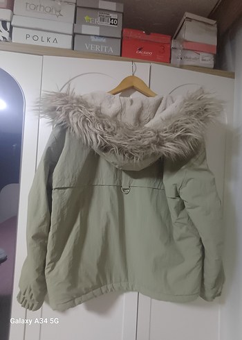 su yeşili Kürklü Uzun Kollu Kadın Ceket - Görsel 3