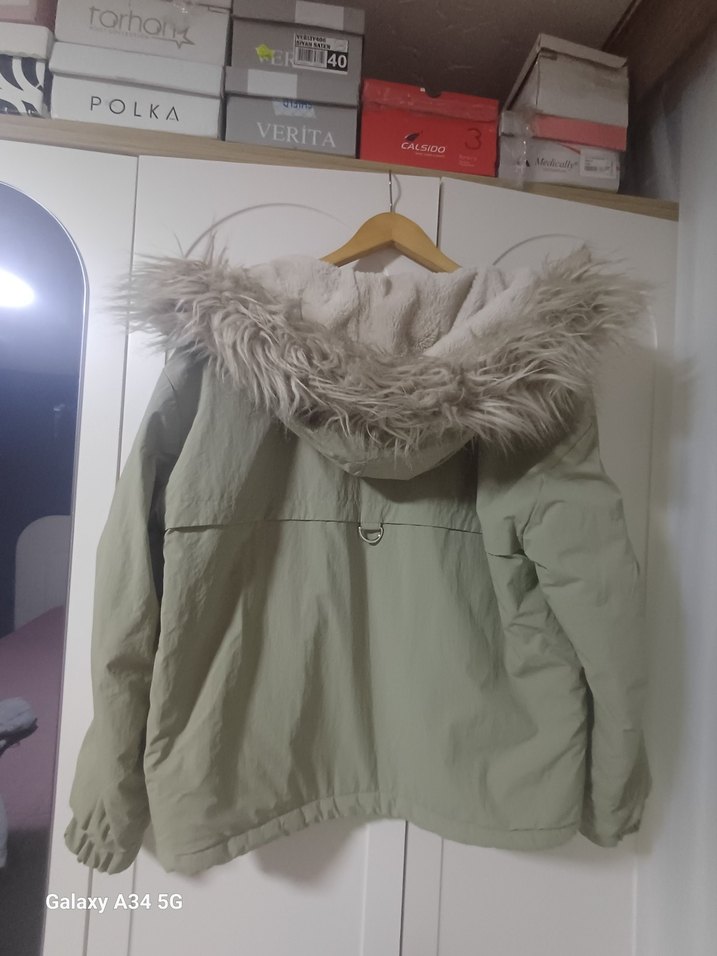 su yeşili Kürklü Uzun Kollu Kadın Ceket - Görsel 3