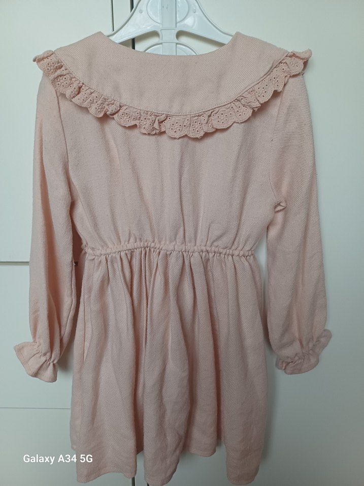 Pembe Keten Kız Elbisesi, Fırfırlı - Görsel 3