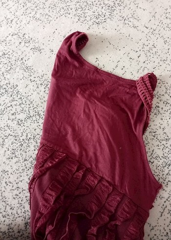 Bordo Nakışlı Volanlı Bohem Kolsuz Elbise - Görsel 6