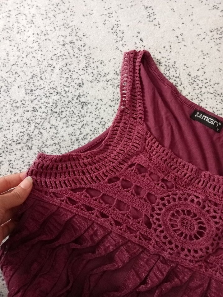 Bordo Nakışlı Volanlı Bohem Kolsuz Elbise - Görsel 5