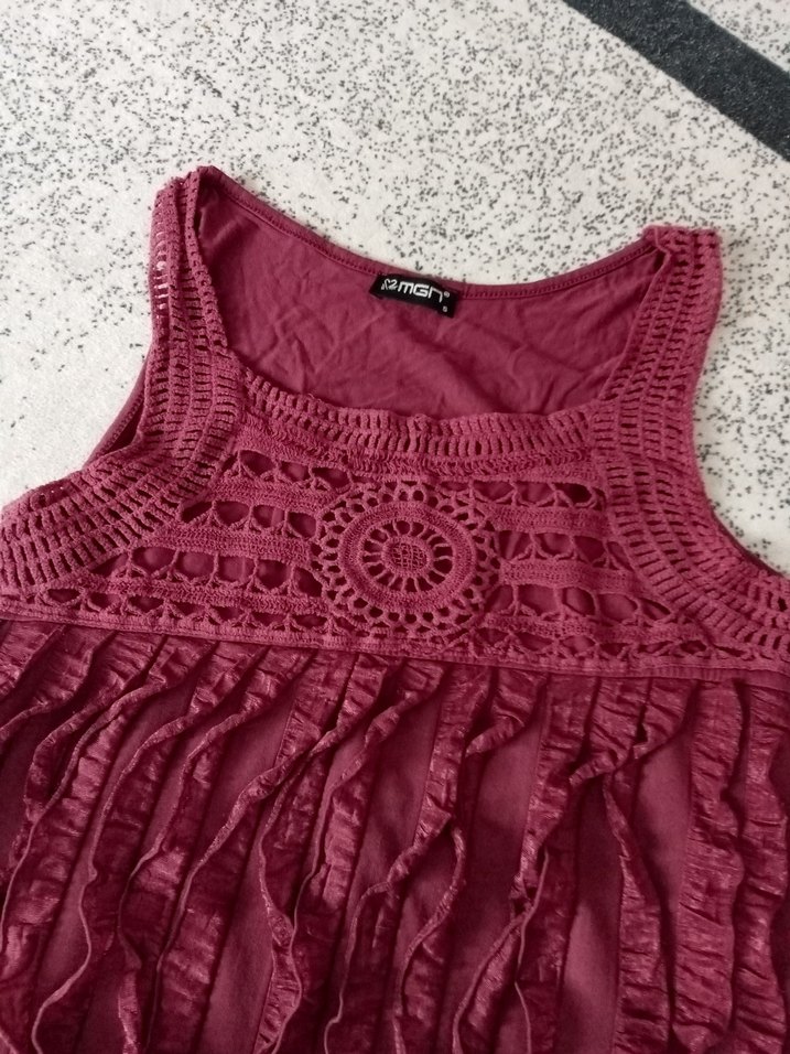 Bordo Nakışlı Volanlı Bohem Kolsuz Elbise - Görsel 2