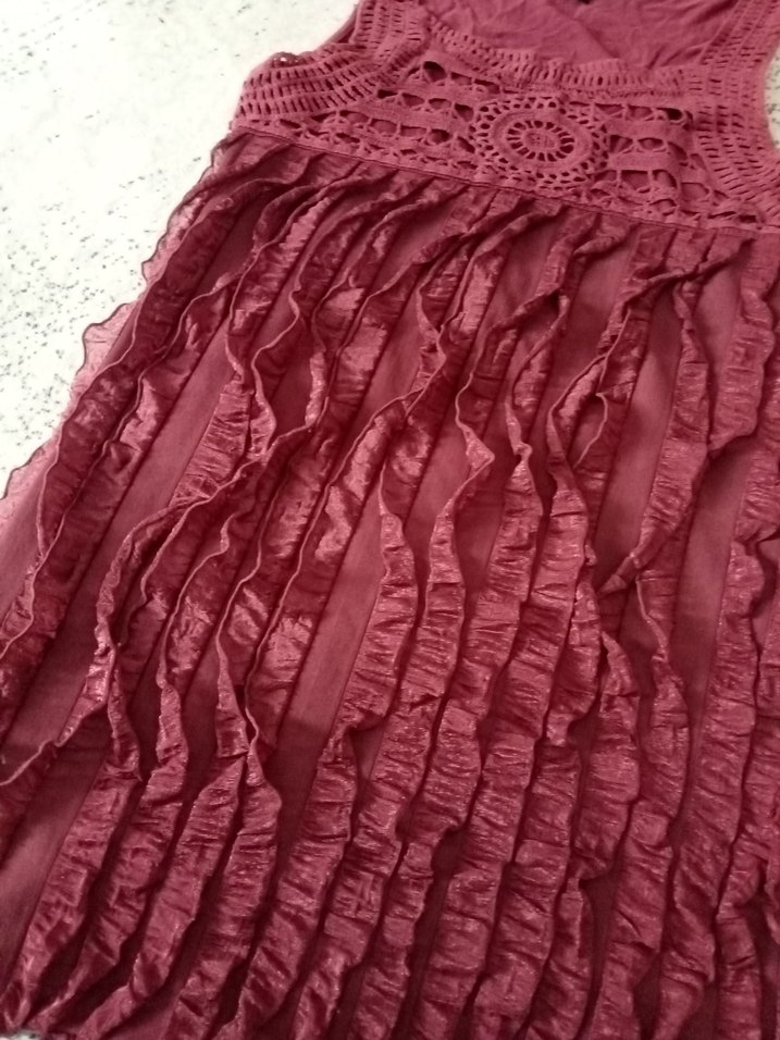 Bordo Nakışlı Volanlı Bohem Kolsuz Elbise - Görsel 3