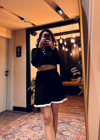 Dantel Detaylı Siyah Mini Triko Etek - Görsel 2