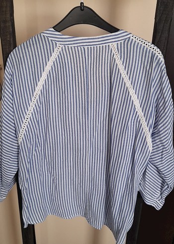 Mavi Çizgili V Yaka Keten Gömlek - Görsel 2