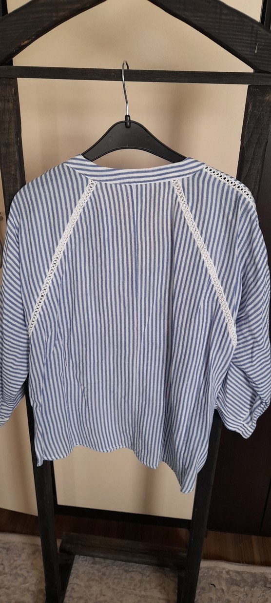 Mavi Çizgili V Yaka Keten Gömlek - Görsel 2