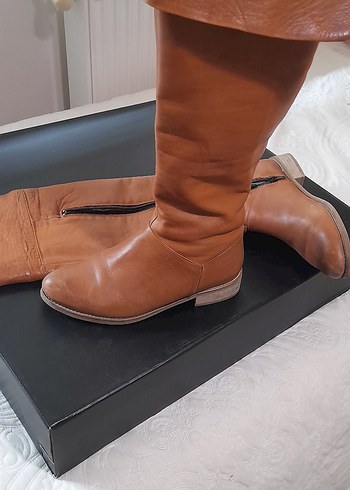 taba, camel,  Deri ,Kadın , Diz Boyu Çizme - Görsel 5