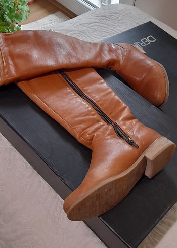 taba, camel,  Deri ,Kadın , Diz Boyu Çizme - Görsel 8