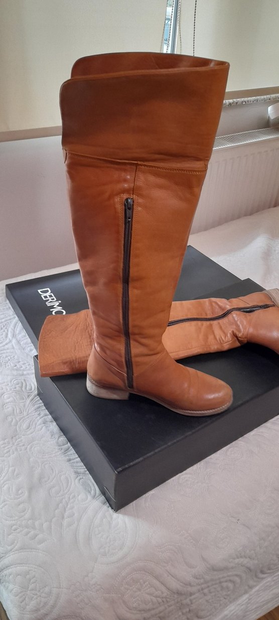 taba, camel,  Deri ,Kadın , Diz Boyu Çizme - Görsel 3