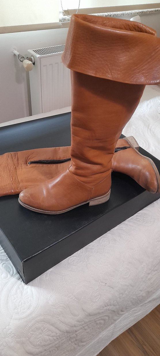 taba, camel,  Deri ,Kadın , Diz Boyu Çizme - Görsel 5