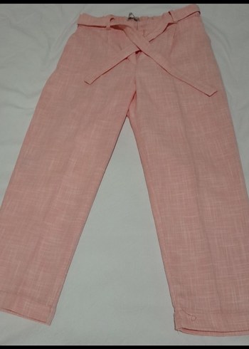 Pembe Kemerli Keten Kadın Pantolon