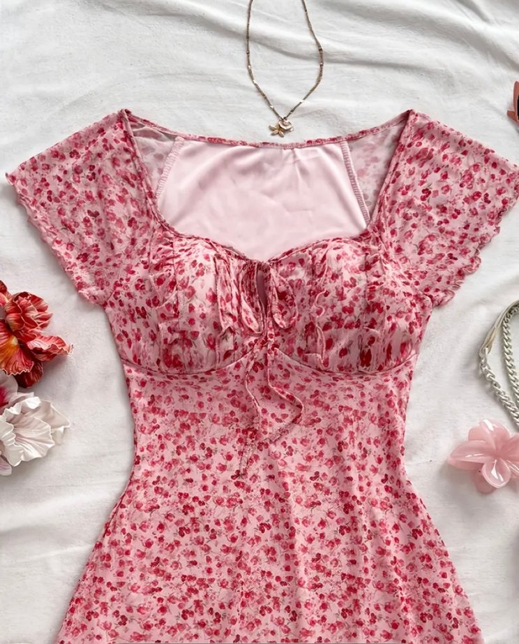 V Yaka Çiçek Detaylı Pembe Midi Elbise - Görsel 2