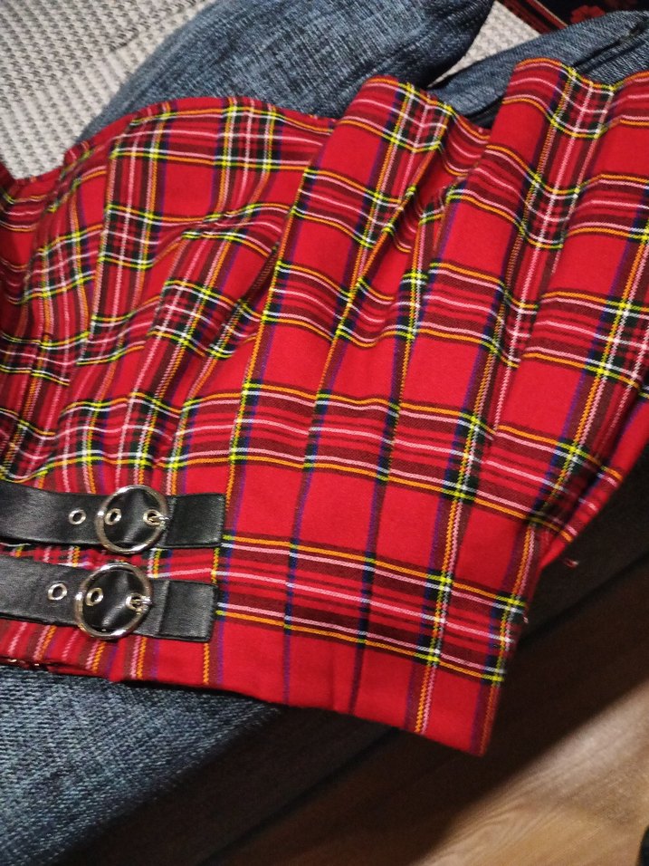 Kemerli Kırmızı Ekose Mini Etek - Görsel 3