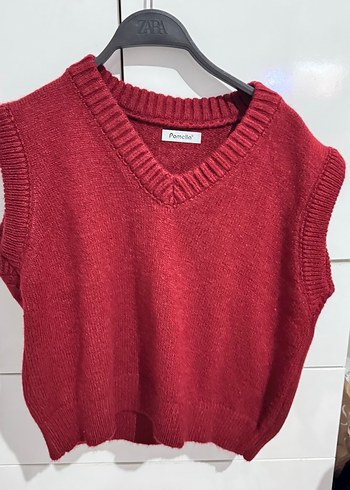 Kırmızı V Yaka Örgü Kadın Süveter - Görsel 2
