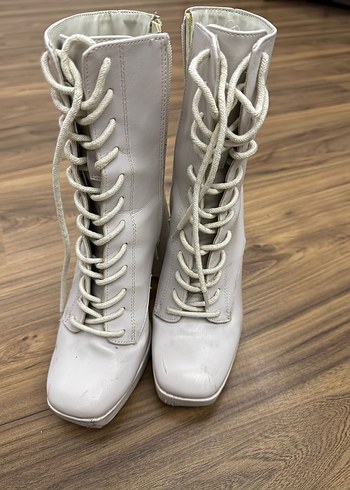 Vintage Beyaz Deri Platform Topuklu Kadın Bot - Görsel 3