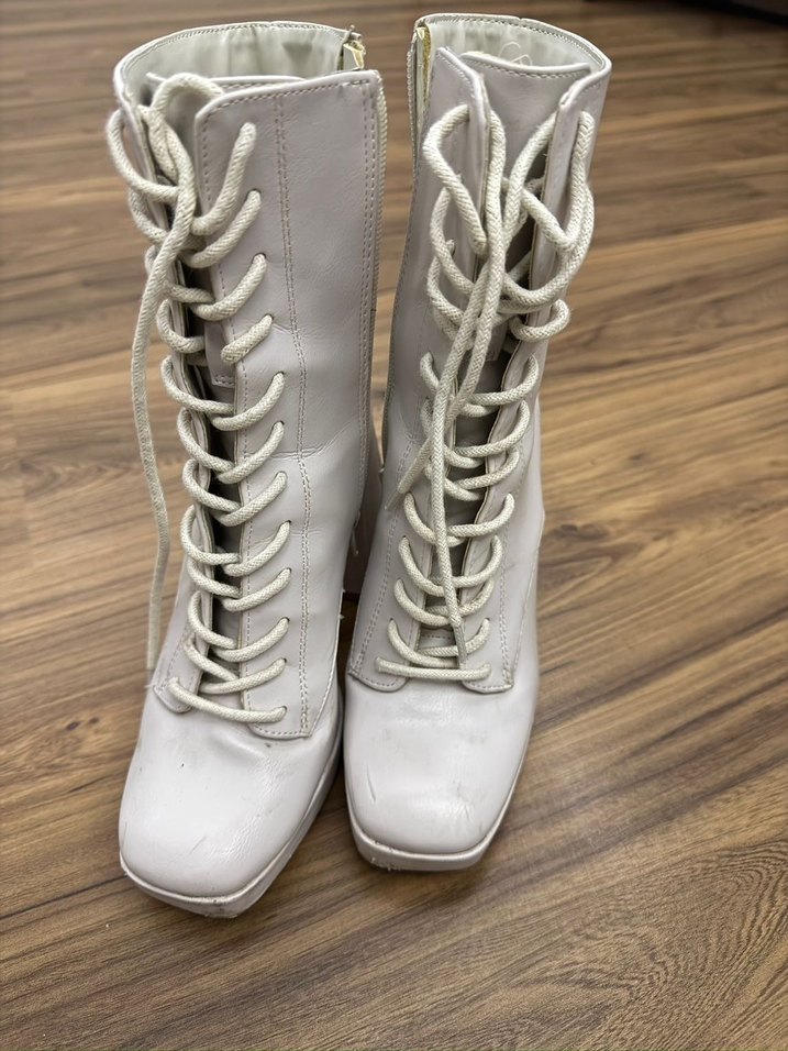 Vintage Beyaz Deri Platform Topuklu Kadın Bot - Görsel 3