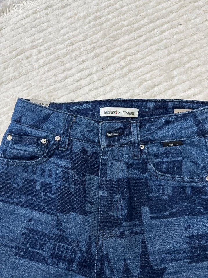 Düğmeli Lacivert Batik Desenli Kadın Denim Takım - Görsel 3