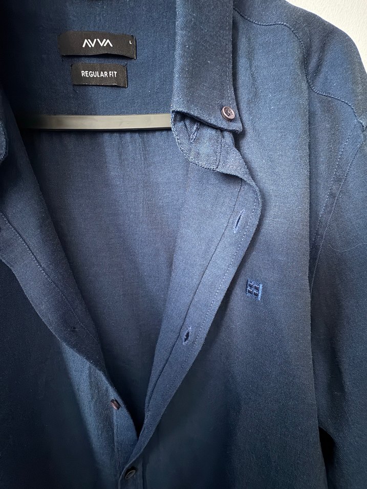 Düğmeli Lacivert Keten Erkek Gömlek - Görsel 2