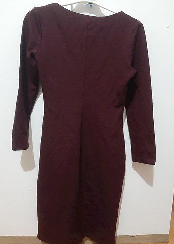 Bordo Fermuarlı V Yaka Uzun Kollu  Elbise - Görsel 3