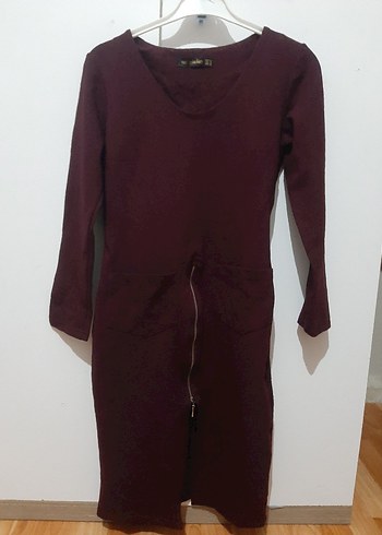 Bordo Fermuarlı V Yaka Uzun Kollu  Elbise - Görsel 2