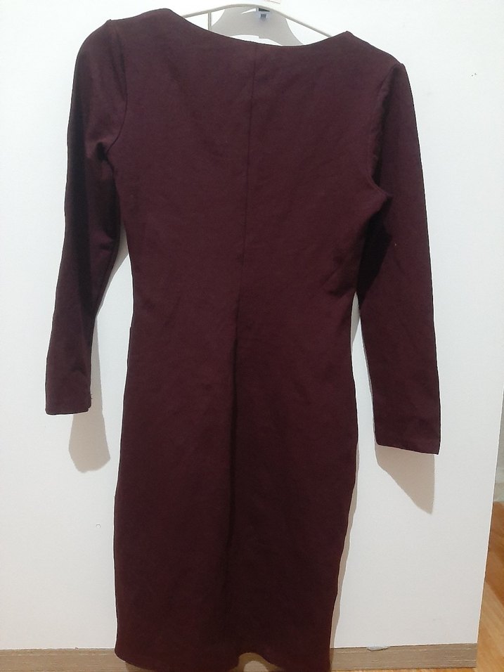 Bordo Fermuarlı V Yaka Uzun Kollu  Elbise - Görsel 3