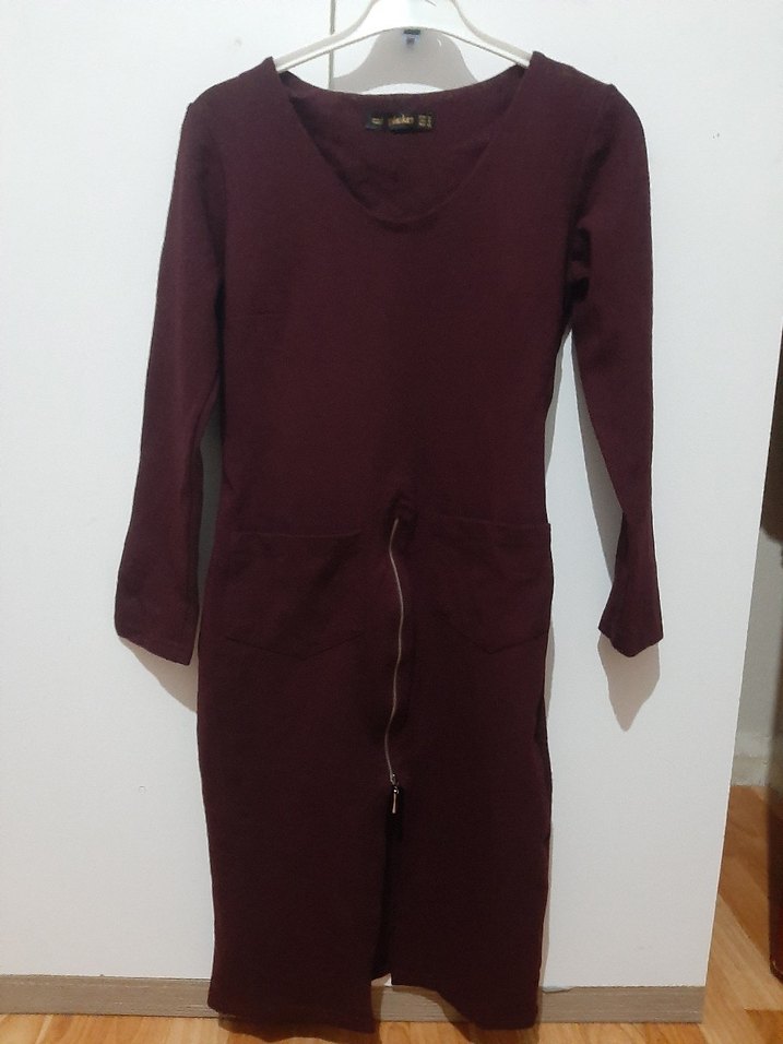 Bordo Fermuarlı V Yaka Uzun Kollu  Elbise - Görsel 2