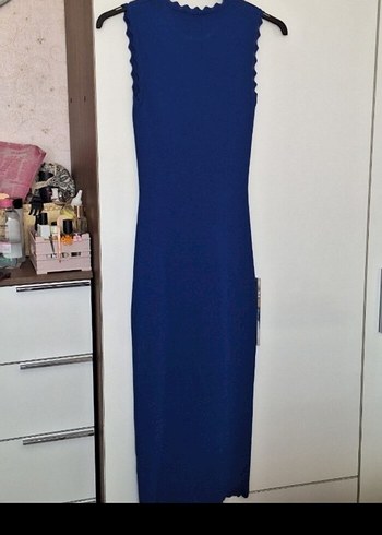 Lacivert Piliseli Uzun Kollsuz Elbise - Görsel 4