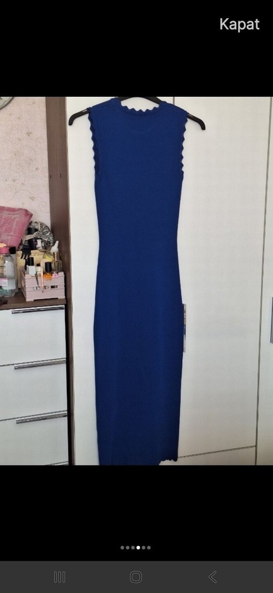 Lacivert Piliseli Uzun Kollsuz Elbise - Görsel 4