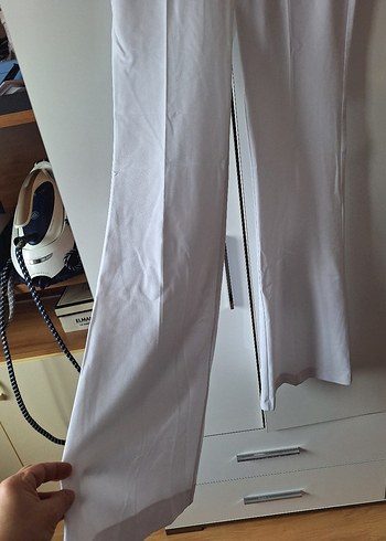 Beyaz Pilili Kadın Keten Pantolon - Görsel 2