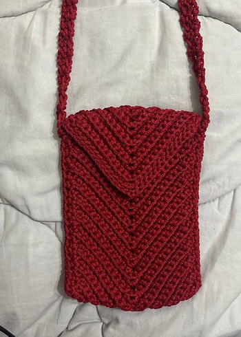 Bordo Örgü Kadın Çapraz Telefon Çantası