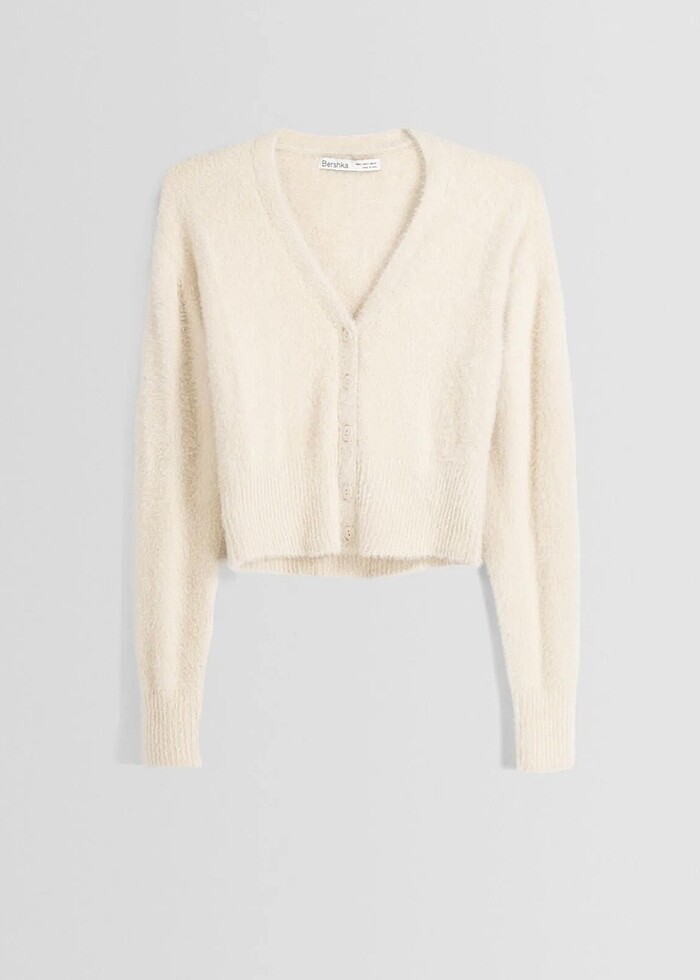 Bershka suni kürklü v yaka hırka - Görsel 2