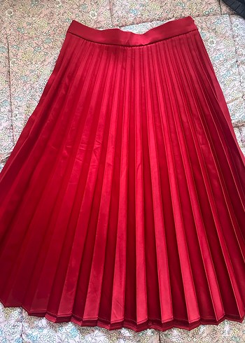 Parlak Kırmızı Kadın Pilili Uzun Etek - Görsel 3