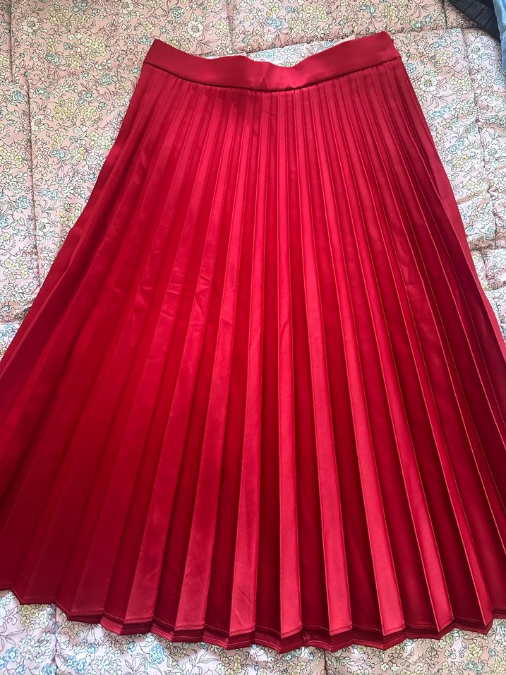 Parlak Kırmızı Kadın Pilili Uzun Etek - Görsel 3