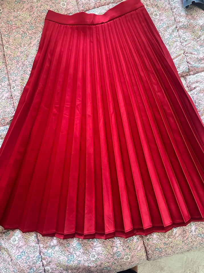 Parlak Kırmızı Kadın Pilili Uzun Etek - Görsel 4