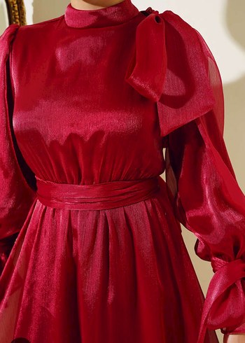 Bordo Uzun Kollu Drapeli Abiye Elbise - Görsel 2