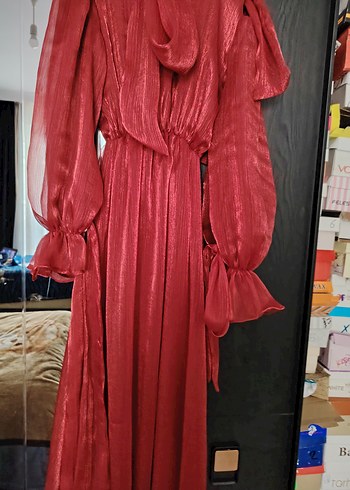 Bordo Uzun Kollu Drapeli Abiye Elbise - Görsel 3