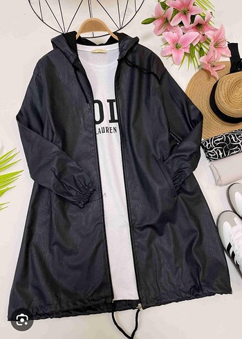 Siyah Deri Midi Kapüşonlu Yağmurluk - Görsel 2