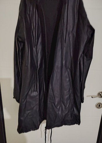 Siyah Deri Midi Kapüşonlu Yağmurluk - Görsel 3