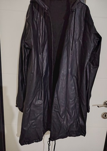 Siyah Deri Midi Kapüşonlu Yağmurluk - Görsel 4