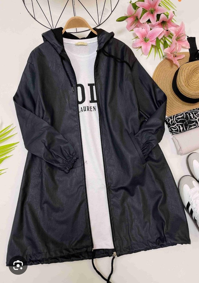 Siyah Deri Midi Kapüşonlu Yağmurluk - Görsel 2