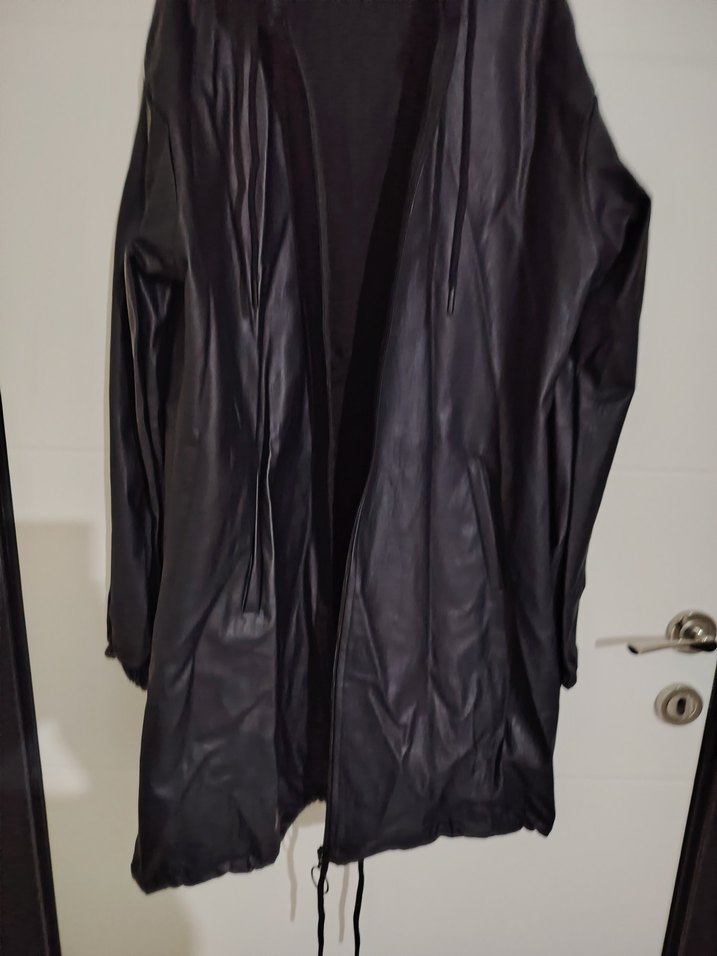 Siyah Deri Midi Kapüşonlu Yağmurluk - Görsel 3