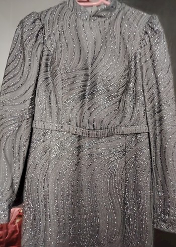 Gri Uzun Kollu Drapeli Abiye Elbise - Görsel 2