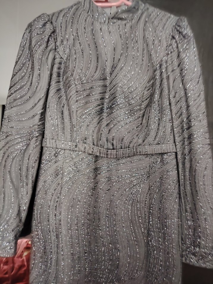 Gri Uzun Kollu Drapeli Abiye Elbise - Görsel 2