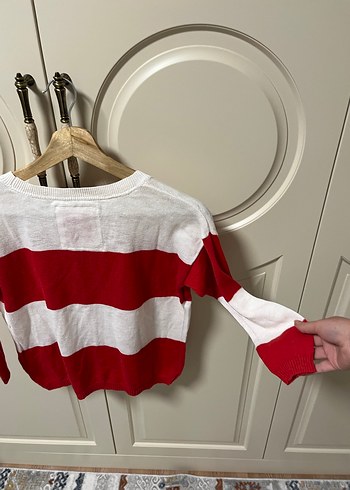 Kırmızı Beyaz Çizgili Kadın Triko Kazak - Görsel 4