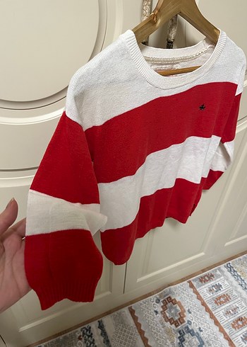 Kırmızı Beyaz Çizgili Kadın Triko Kazak - Görsel 2