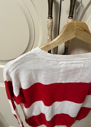 Kırmızı Beyaz Çizgili Kadın Triko Kazak - Görsel 5