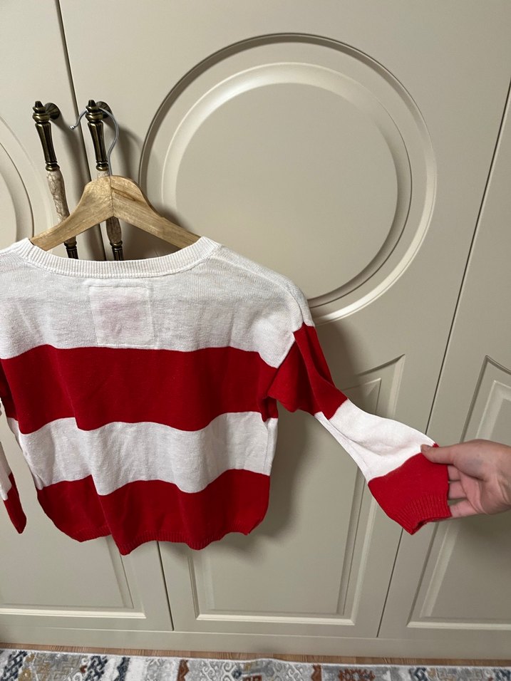 Kırmızı Beyaz Çizgili Kadın Triko Kazak - Görsel 4